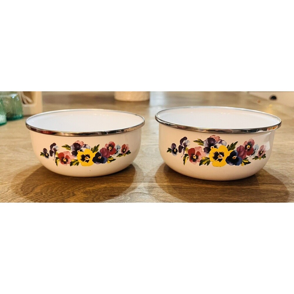 Vintage GMI Enamelware Pansy Floral Nesting Bowls Set of 2 Cottage Kitchen